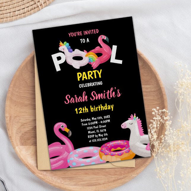 Editable Tropical Summer Swim Party Invite (Flamingo Unicorn Pool Birthday Invitations)