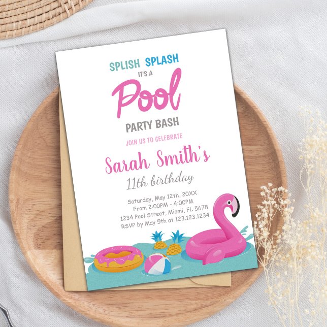 Editable Tropical Summer Swim Party Invite (Pink Flamingo Pool Birthday Invitations)