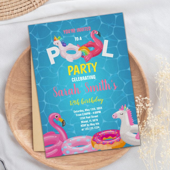 Editable Tropical Summer Swim Party Invite (Pink Flamingo Pool Birthday Invitations)