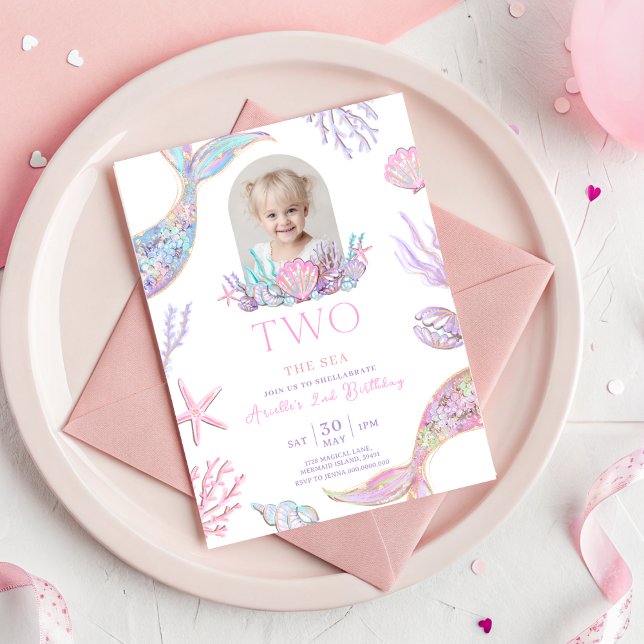 Editable Two The Sea Mermaid Tail Invite Girl Glit (Mermaid Tail 2nd Birthday Invitation With Picture)