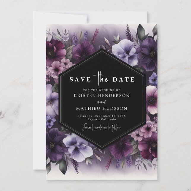  Editable Typography Purple Floral Wedding Save The Date (Front)