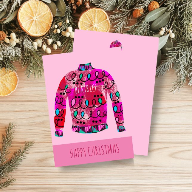 Editable Ugly Christmas Sweater Pink Holiday Card (Pink Ugly Sweater Christmas Card)