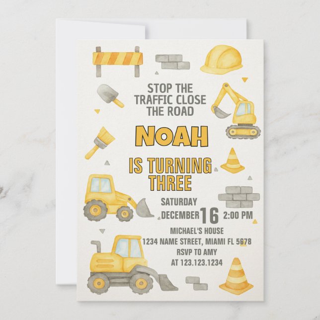 Editable Under Construction Birthday Invite (Front)