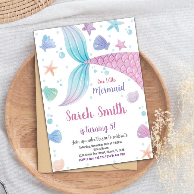 Editable Under the Sea Party Card for Girls (Purple Pink Mermaid Tail Birthday Invitation)
