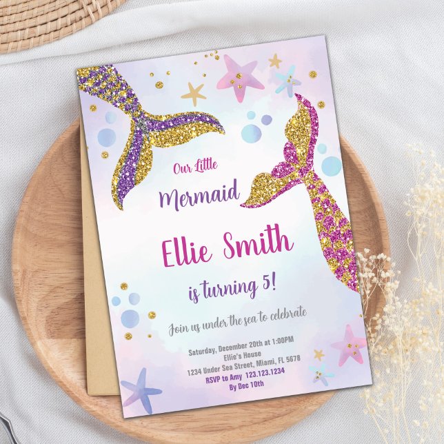 Editable Under the Sea Party Card for Girls (Gold Glitter Mermaid Invitation)