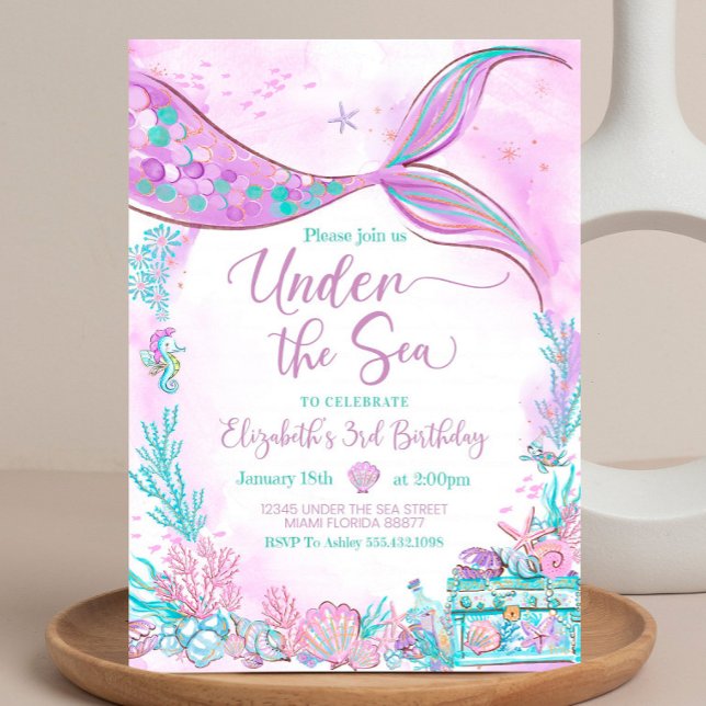 Editable Under the Sea Purple Teal Little Mermaid  Invitation (Creator Uploaded)