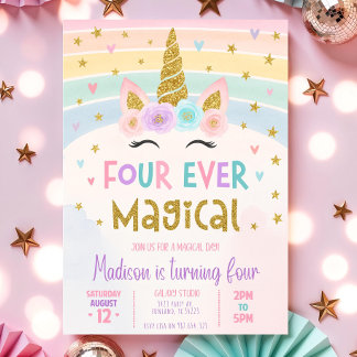 Editable Unicorn 4th Birthday Invitation Four Ever