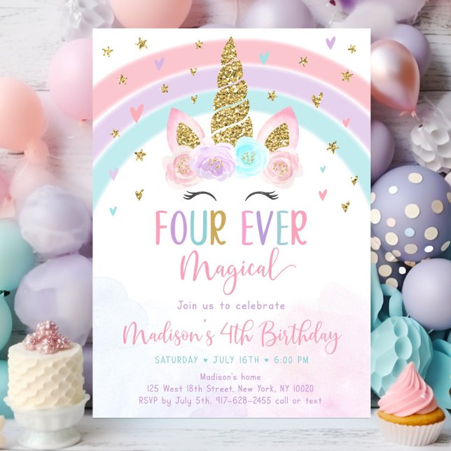 Editable Unicorn 4th Birthday Invitation Four Ever (Creator Uploaded)
