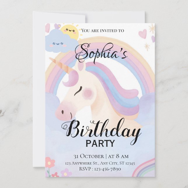 Editable Unicorn Birthday Party Invitation (Front)