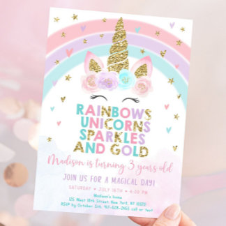 Editable Unicorn Rainbow Birthday Invitation Unico