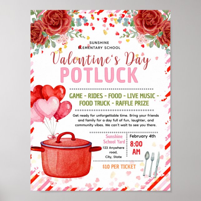 Editable valentine potluck fundraiser flyer poster (Front)