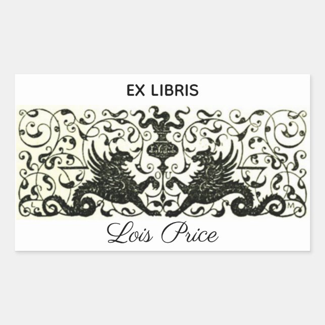 Editable Vintage Dragon Ornamental Bookplate Rectangular Sticker (Front)