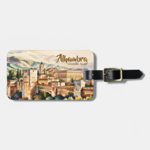 Editable Vintage Granada Spain Alhambra Watercolor Luggage Tag