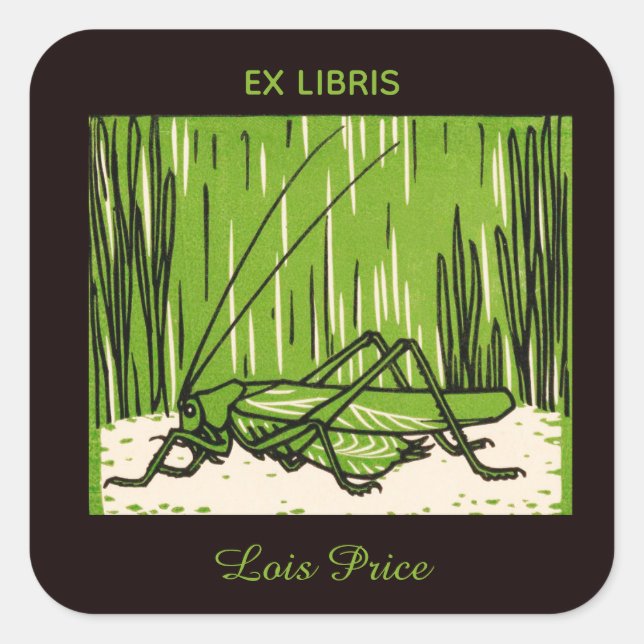 Editable Vintage Grasshopper Bookplate Square Sticker (Front)