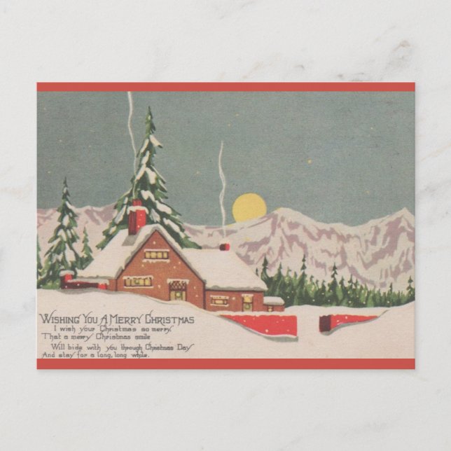 Editable Vintage House and Moon Christmas Postcard (Front)