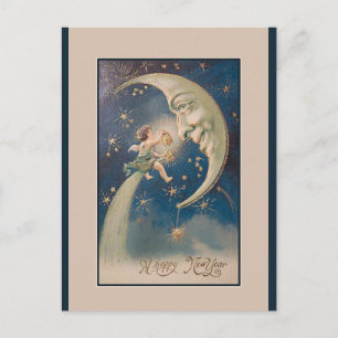 Editable Vintage New Moon New Year Greetings Postcard