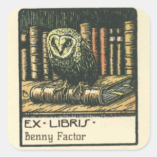 Editable Vintage Owl And Books Bookplate Square Sticker