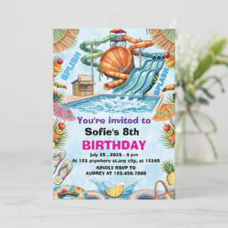 Editable Water Slide Birthday Splash Pool Party Invitation