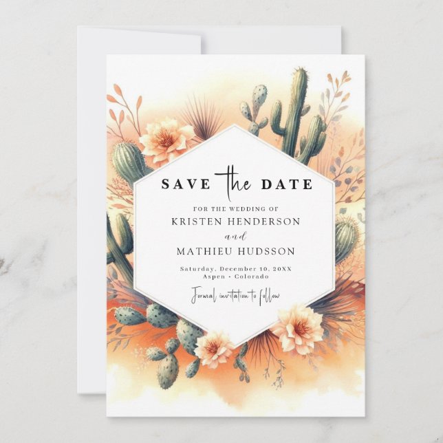 Editable Watercolor Cactus Wedding Save The Date (Front)