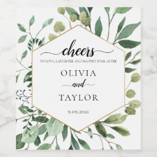 Editable Watercolor Greenery Cheers to Love Wine Label