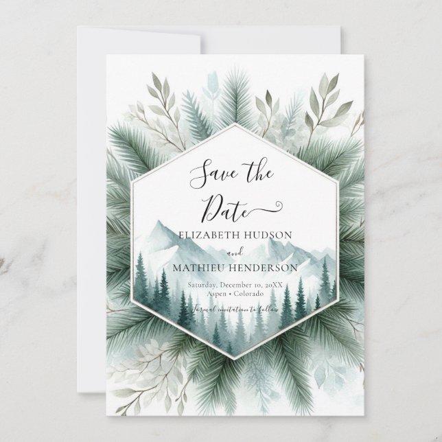 Editable Watercolor Mountain Wedding Save The Date (Front)