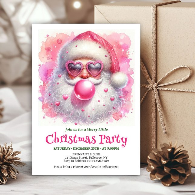 Editable Watercolor Pink Santa Bubble Gum Invites (Editable Watercolor Pink Santa Bubble Gum Invitation

)