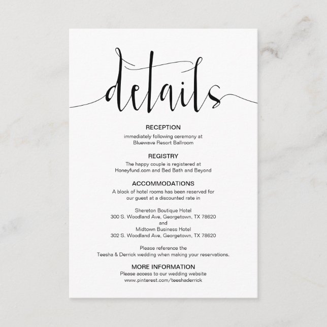 Editable Wedding Details, Black Modern Script, Enclosure Card (Front)