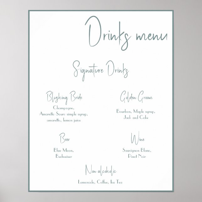 Editable Wedding Drinks Menu Poster (Front)