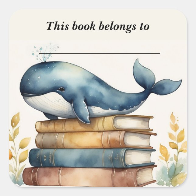 Editable Whale and Books Bookplate Sticker (Front)