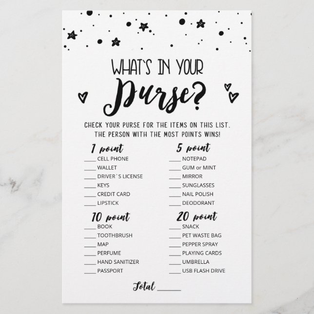 Editable What's in your purse Bridal Party game (Front)