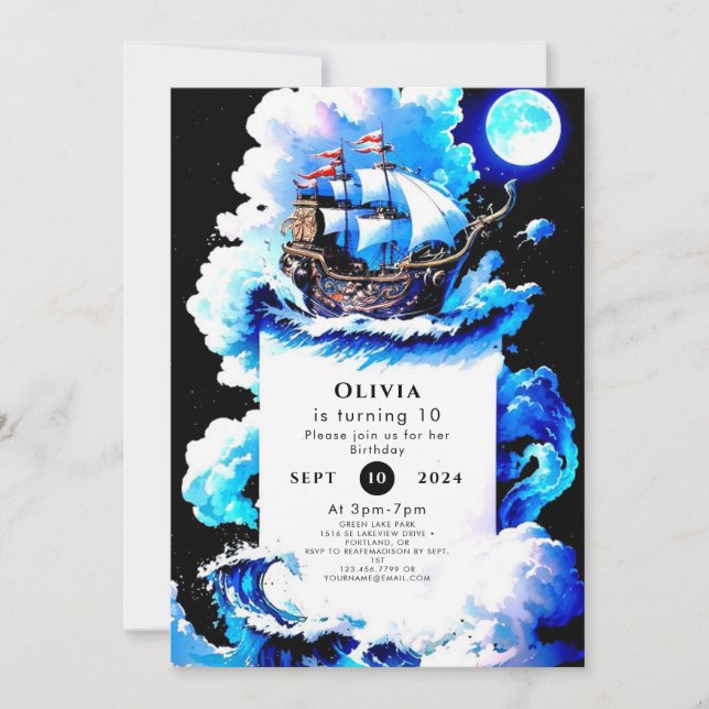 Editable Whimsical Sea Pirate Birthday Invitation (Front)