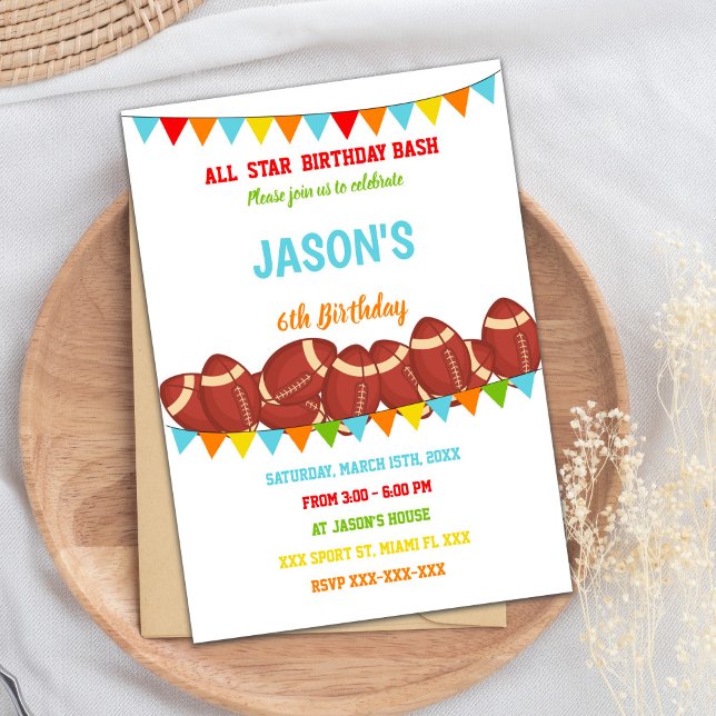 Editable White Background Sports Party Invite (Colors Flags White Football Birthday Invitations)