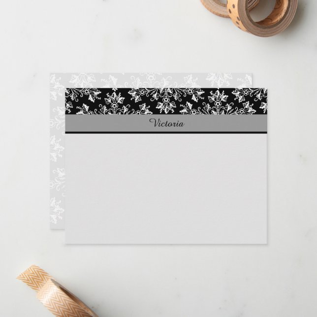 Editable White Black Damask Floral 4.25x5.5 Card (Front/Back In Situ)