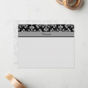 Editable White Black Damask Floral 4.25x5.5 Card