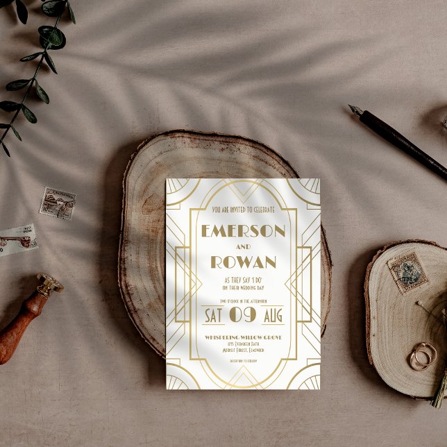 Editable White & Gold Art Deco Gatsby Roaring 20s Invitation (Elegant White & Gold Gatsby Style Art Deco Geometric Editable Wedding Invitation)