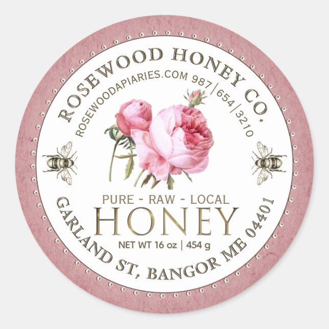 Editable White Rose Kraft Honey Jar Bee Label  (Front)