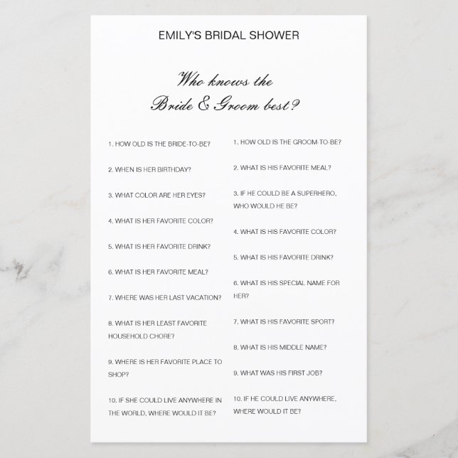 Editable Who Knows Bride and Groom Best Card (Front)