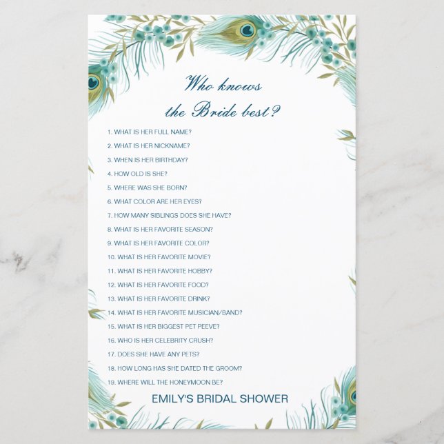 Editable Who Knows Bride Best Bridal Shower Game (Front)