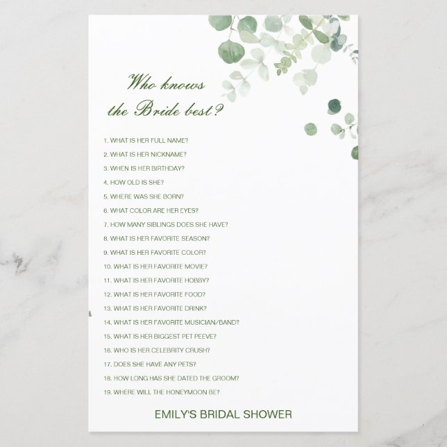 Editable Who Knows Bride Best Bridal Shower Game (Front)