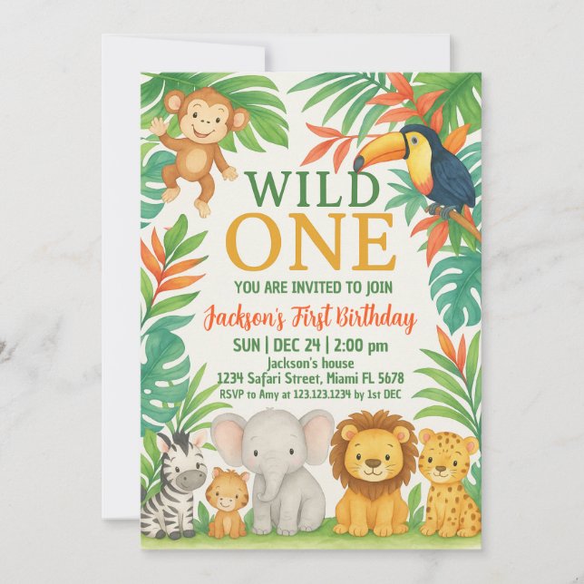 Editable Wild One Safari Birthday Invitation (Front)