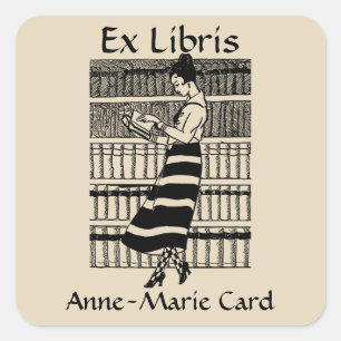 Editable Woman Reading in a Library Bookplate Square Sticker