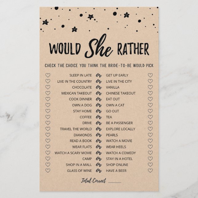 Editable Would She Rather Bridal Shower game (Front)