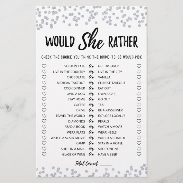 Editable Would She Rather Bridal Shower game (Front)