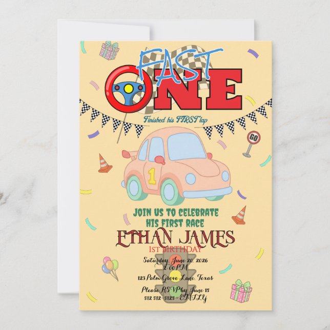 Editable yellow Racing Boy 1st Birthday Invitation (Front)