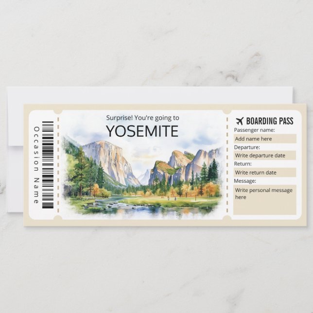 Editable Yosemite Plane ticket, Yosemite Trip Invitation (Front)