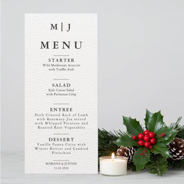Editorial Minimalist Winter Wedding Monogram  Menu (Editorial Minimalist Winter Wedding Monogram Menu)