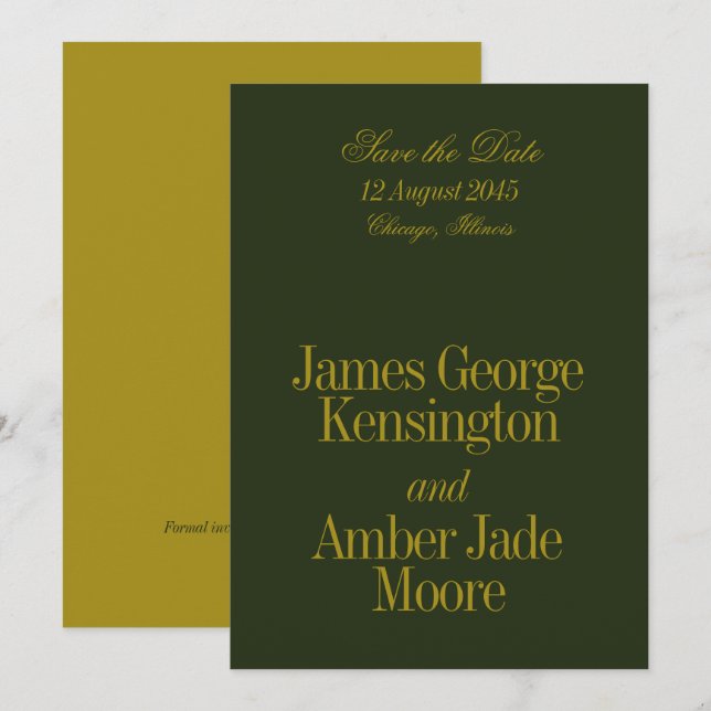 Editorial Style Olive Green Chartreuse Wedding Save The Date (Front/Back)