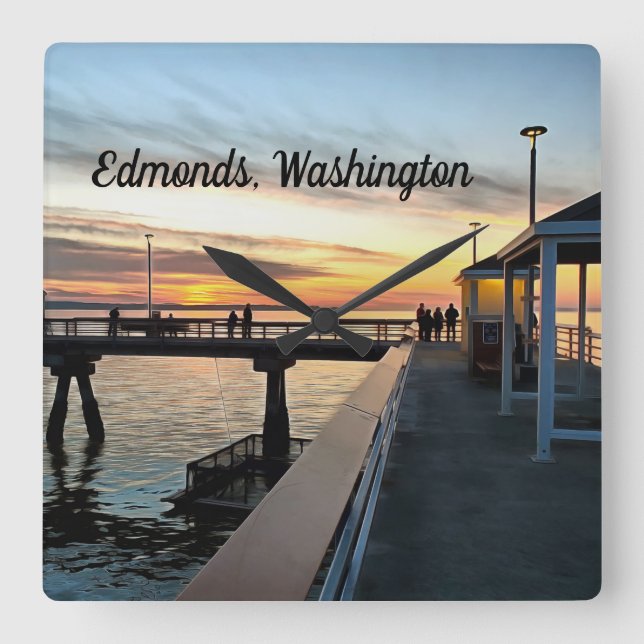 Edmonds Washington Pier at Sunset Square Wall Clock (Front)