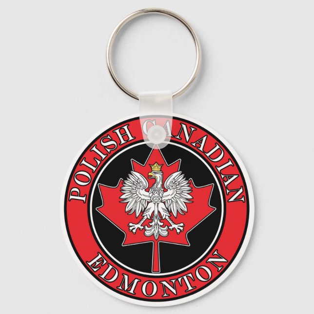 Edmonton Round Polish Canadian Leaf Key Ring (Front)