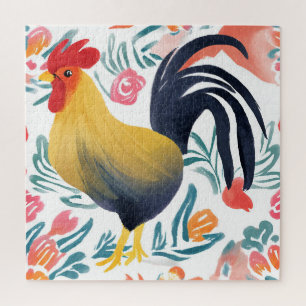 Edna the Rooster   Watercolor Floral Chicken Jigsaw Puzzle